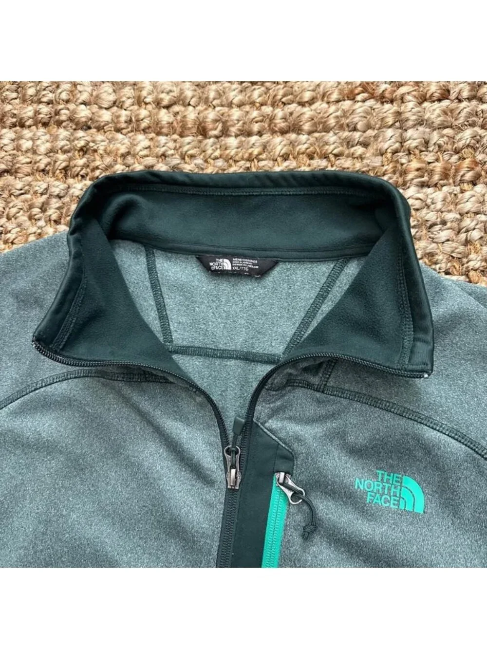 The North Face Mens Full Zip Fleece Jacket Green Teal Pocket Athletic (XL)